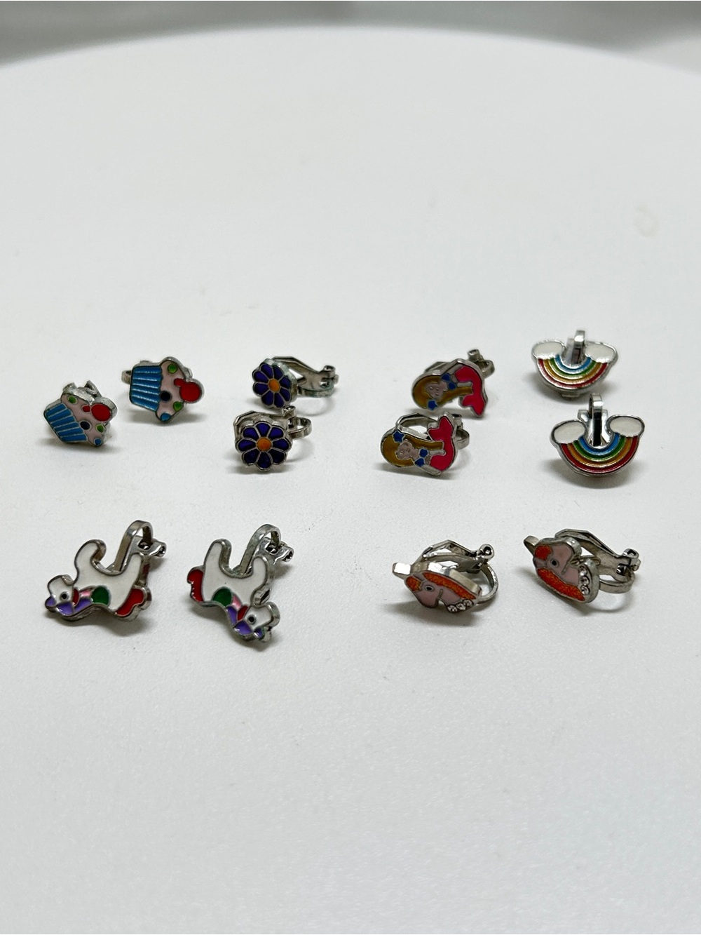 6 Pairs Children’s Clip Earrings, Silver And Enamel, Cupcake, Unicorn, Rainbow